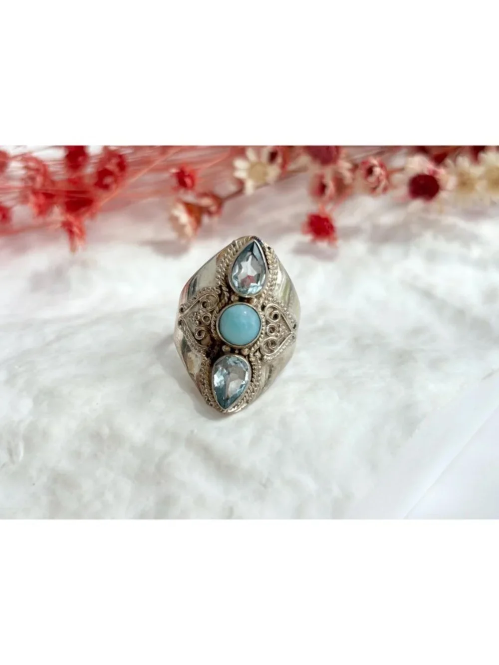 Larimar & Blue Topaz Gemstone Indian Sterling Silver 925 Vintage Ring - sz 9